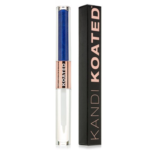 A closed tube of Slay All Night Long, a rich dark vivid blue, standing next to its black and rose gold box. The tube is two sided, with color gloss in one side and clear top coat in the other.